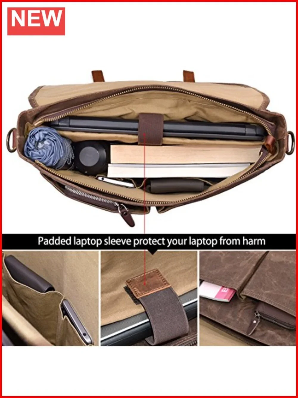 Vintage Leather Waxed Canvas Messenger Bag 15.6